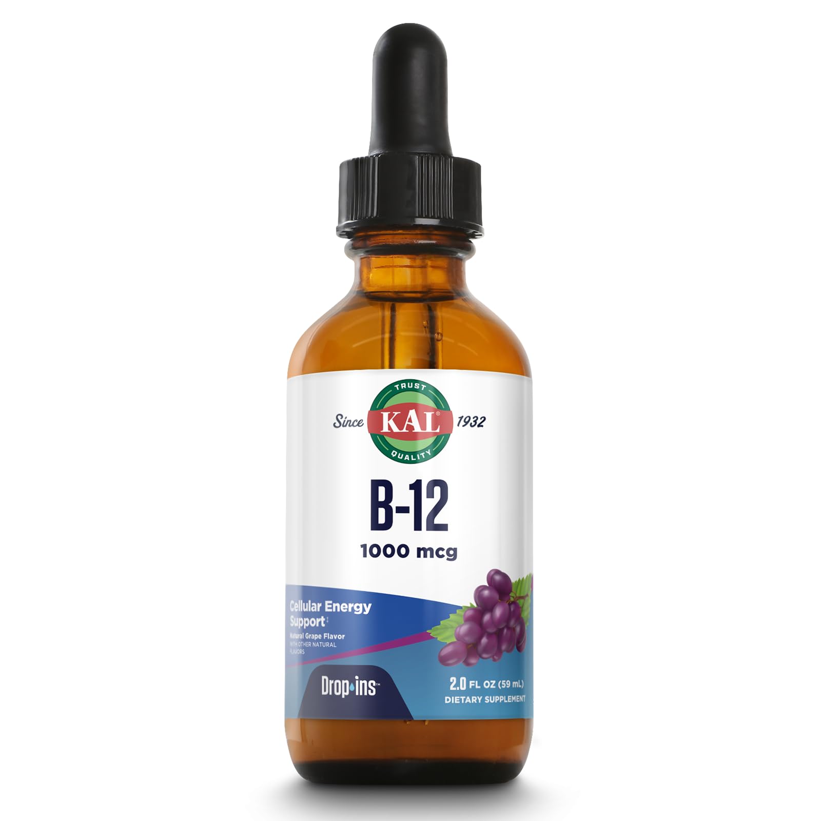 KAL B12 1000 mcg DropIns, High Absorption Liquid B12 Vitamin, Healthy Energy Supplements for Metabolism, Heart Health, Nerve, Red Blood Cell Support, Natural Grape Flavor B12 Drops, 196 Servings, 2oz