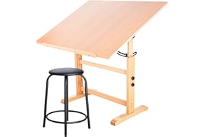 Falling in Art Wooden Drafting Table and Stool Set, 30" x 42" Adjustable Height and Angle Solid Wood Drawing Desk for Adults, Artist Craft Table for Painting Artwork, Reading, and Writing