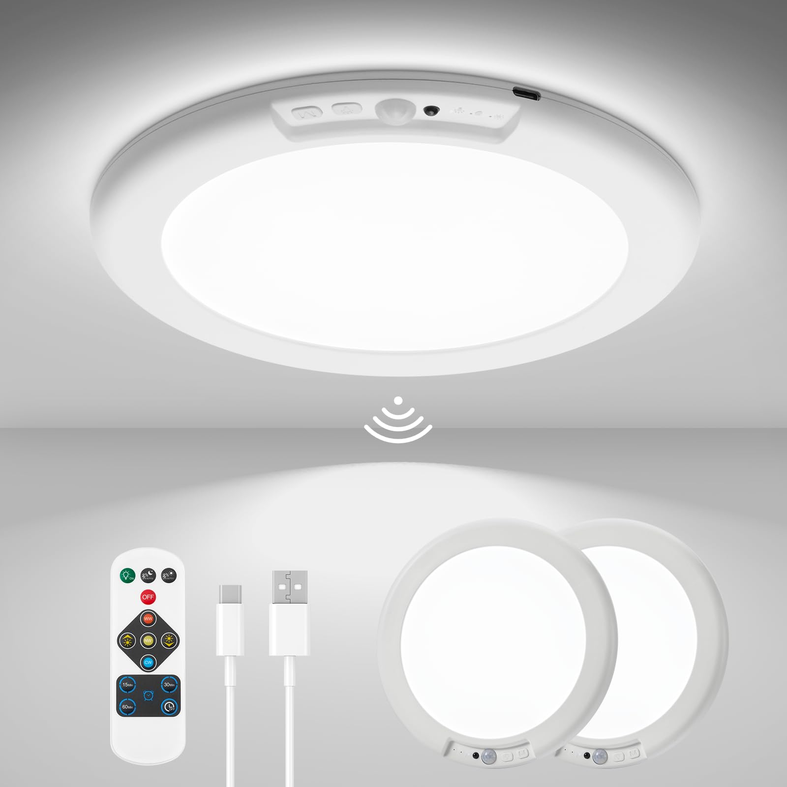 Photo 1 of wowatt 2Pcs Battery Operated Ceiling Lights Rechargeable Motion Sensor Light Indoor Wireless Shower Light with Remote 3000K 4500K 6500K 7.48in Dimmable Timing Motion Activated Lamp for Closet Shower