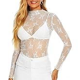 PT Haahoos Mesh Long Sleeve Tops for Women Sexy Sheer Mock Neck Lace Shirt See Through Party Club Blouses