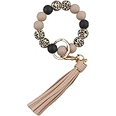 Leopard Silicone Beaded Wristlet Keychain, PU Tassel Bracelet Bangle Beads Car Keyring for Women,Wrist Key Chains