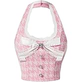 WDIRARA Women's Contrast Lace Trim Halter Crop Top Bow Decor Button Front Slim Fit Cute Tank Tops