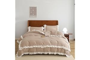 Jolusere Khaki Ruffle Duvet Cover Full Size Vintage Fringe Comforter Cover White Shabby Chic Duvet Cover, Farmhouse Breathable Microfiber for All Seasons Bedding 3 Pieces (No Comforter)