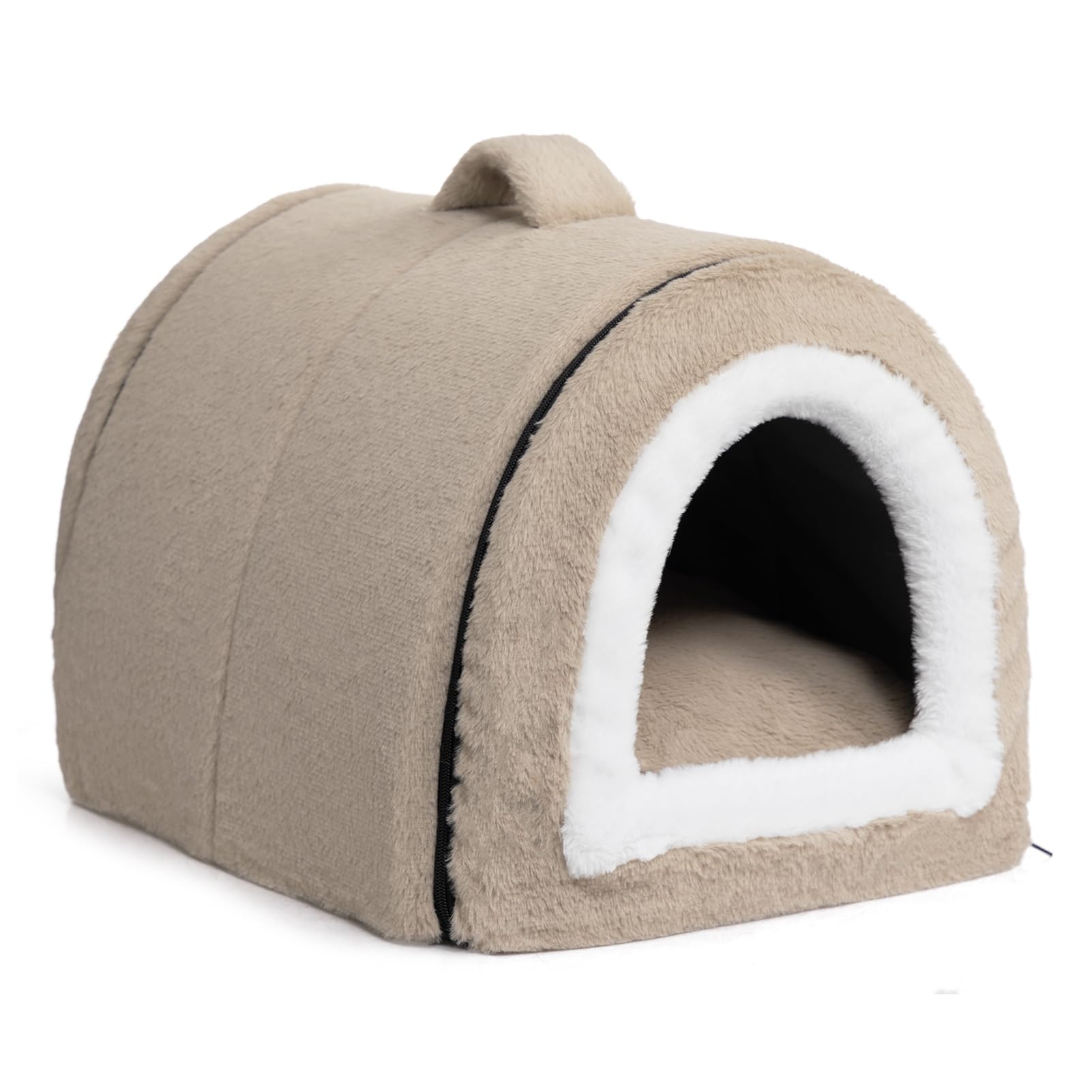 Hollypet Cat Bed Small Dog Bed, 2-in-1 Foldable Plush Pet Beds for Cats and Small Dogs, Cozy & Soft Pet Cave Beds Indoor Outdoor, Light Brown
