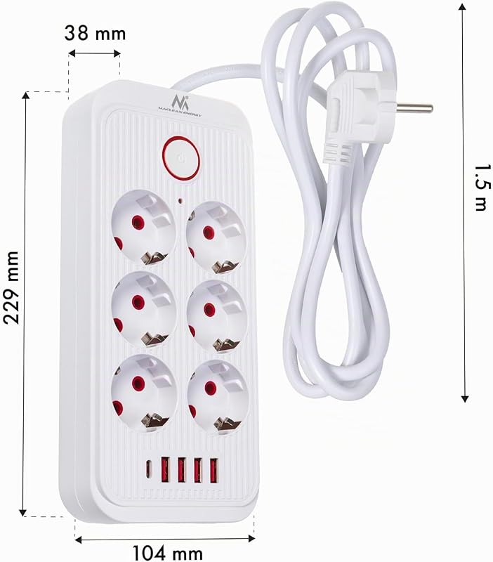 MCE389/391 Multiprise | 6 Prises 4xUSB 1xUSB-C 2500W | Rallonge de Bureau avec Interrupteur | Ports 45° | Montage Mural (Blanc, 1,5m)