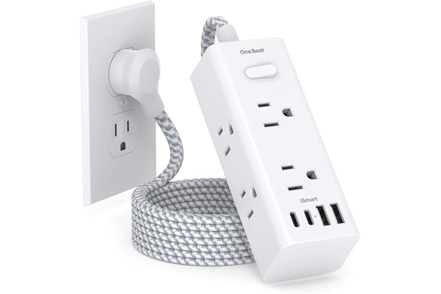 Power Strip Surge Protector - One Beat 6 Widely Outlets with 4 USB Ports (2 USB C), 5 Ft Extension Cord Flat Plug, Wall Mount