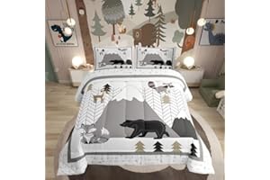 Cute Animals Comforter Set Cartoon Fox Bear Bedding Set for Kids Girls Women Adults Mountains and Trees Comforter Kids Cartoo