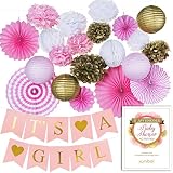 Junibel Premium Baby Shower Decorations for Girl Bundle & Large Its a Girl Pre-Strung Banner, Pink and Gold Decoration Set + Free Printable Games Ebook
