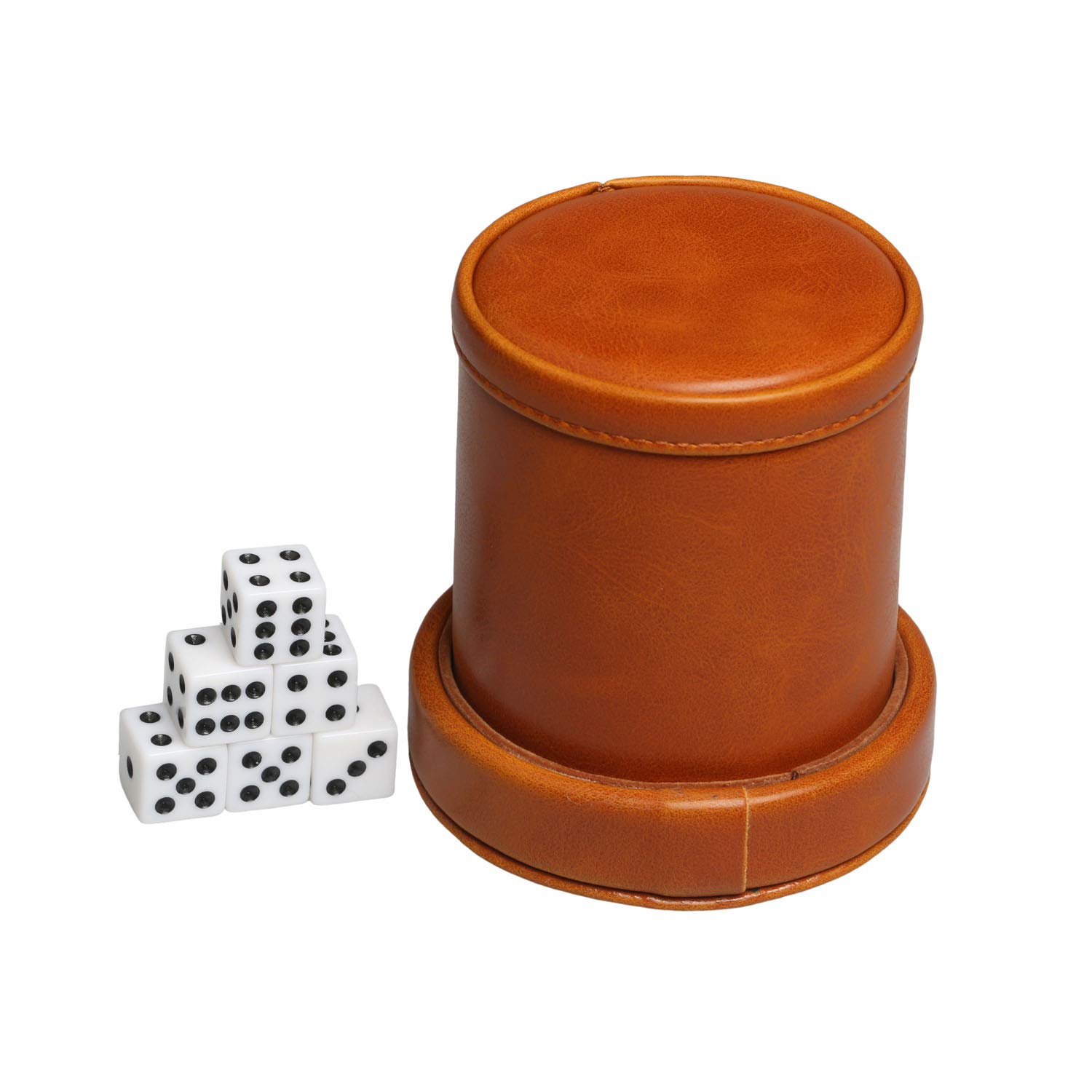 RERIVER Leatherette Dice Cup with Lid includes 6 Dices, Velvet Interior Quiet in shaking for Liars Dice Farkle Yahtzee Board Games, Brown