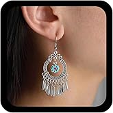 Allereyae Boho Silver Tassel Earrings Circle Chandelier Dangle Earrings Tribal Statement Earring Ethnic Turquoise Flower Earring Hollow Circle Jewelry for Women