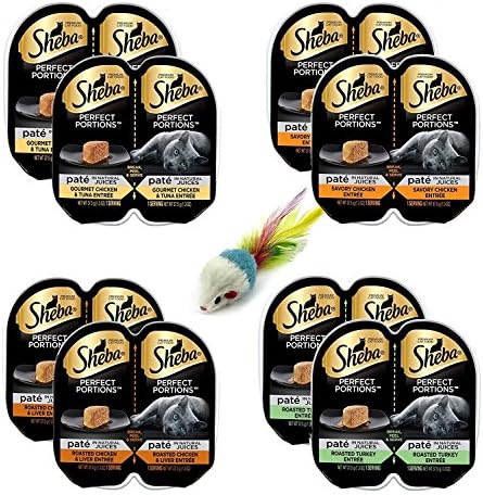 Sheba Perfect Portions Multipack Wet Cat Food Poultry Variety Bundle (8pc Twin Packs 2.6oz) 2pc of each Chicken , Turkey , Chicken with Tuna , Chicken with Liver Entree and Toy