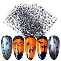 Macute 3D Halloween Nail Art Stickers Black Adhesive Day of the Dead Nail Decals 9 Sheets Skull Witch Pumpkin Ghost Cross Eye Spider Nail Sticker Designs for Halloween Party Supplies Nails Decorations