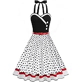 IKADEX Women's Floral Polka Cocktail Dress 1950's Style Buttons Halter Vintage Party Rockabilly Swing Dresses with Belt