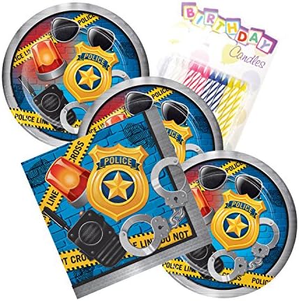 Police Party Theme Plates and Napkins Serves 16 With Birthday Candles