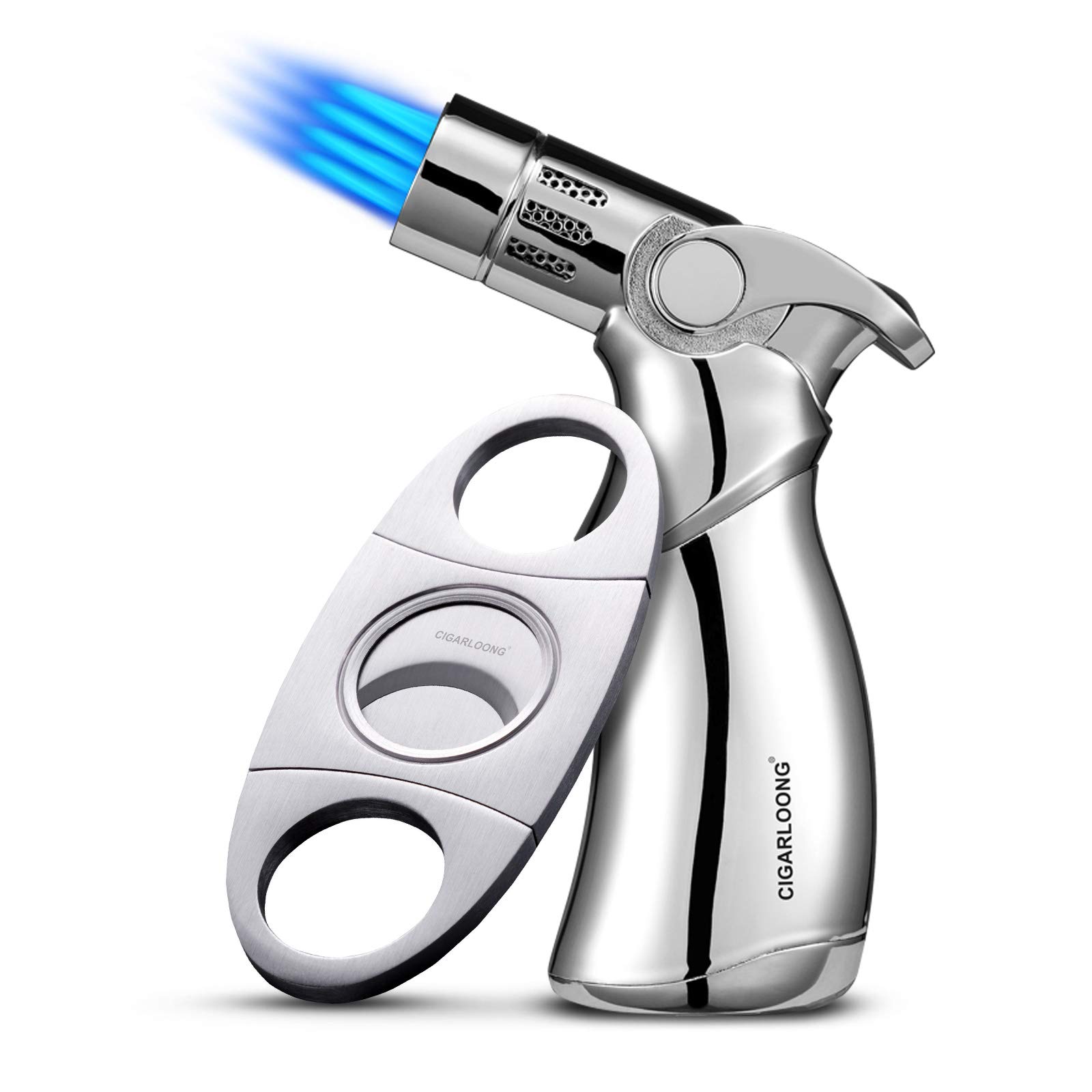 CIGARLOONG Cigar Cutter and Lighter Set 2 Piece Stainless Steel Blade Guillotine and Four Jet Flame Refillable Lighter(Silver)