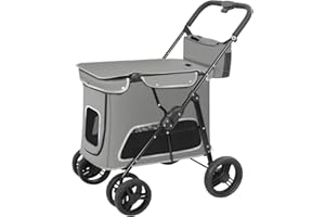 NAHOFI Dog Stroller for Medium Dogs, Pet Wagon Stroller with Dual Entry&Tops, Detachable Storage Bag One-Click Folding 4 Wheel Pet Cart Stroller for Small&Medium Dogs Cats Walk Travel- Gray
