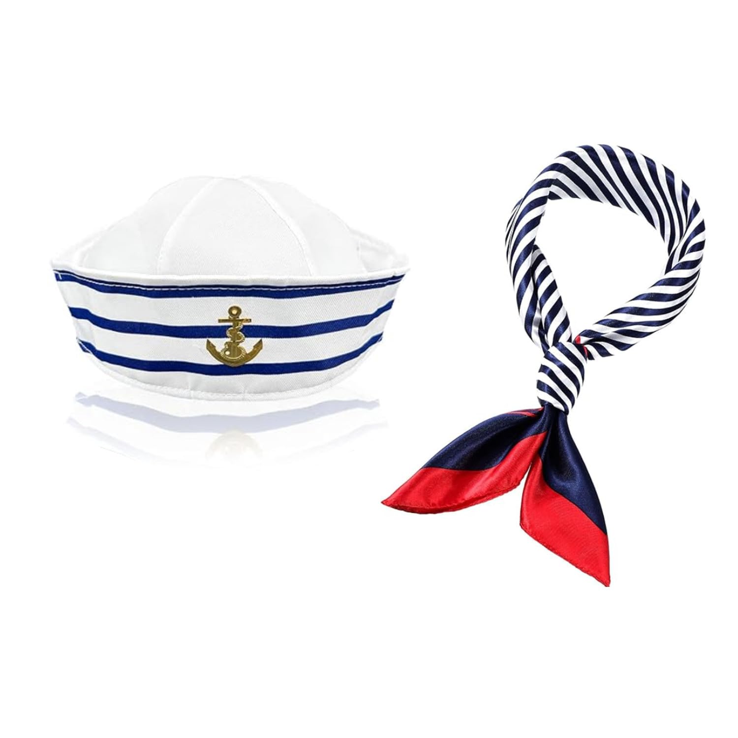 JJiaoLinin Captain Sailor Costume Set,Sailor Hat and Scarf Set Blue and White Striped Sailor Captains Hat＆Red Edge Blue Bar Square Scarf Navy Outfit Dressing Up Party for Women Men Costume Accessory