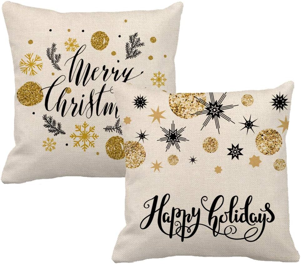 7COLORROOM Christmas Decoration Pillow Covers Gold Stamping Print Snowflakes & Happy Holiday Cushion Cover Merry Christmas Home Decorative Pillowcases 18"x 18" Set of 2(Goloden Snowflakes)