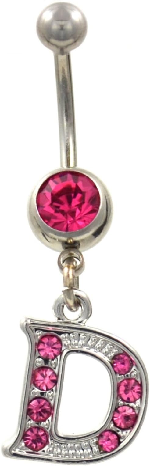 Initial Letter D Pink Gem Decorated Belly Button Ring