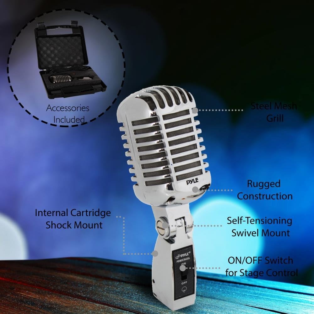 Pyle Classic Retro Dynamic Vocal Microphone - Old Vintage Style Metal Unidirectional Cardioid Mic with XLR Cable - Universal Stand Adapter - Live Performance Studio Recording - PDMICR68SL (Silver): Musical Instruments