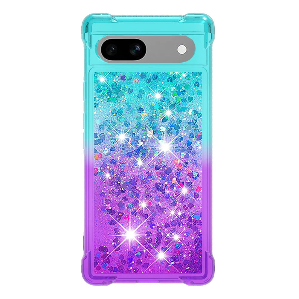 Google Pixel 7A Case Glitter 3D Cute Bling Sparkle Quicksand Flowing Liquid Clear Transparent TPU Gel Silicone ShockProof Protective Phone Cover for Google Pixel 7A Case Girls, Blue & Purple
