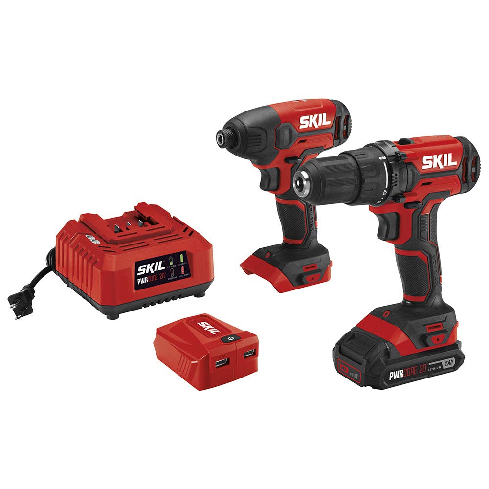 SKIL 3-Tool Combo Kit: 20V Cordless Drill Driver, Impact Driver and PWRAssist USB Charging Adaptor, Includes 2.0Ah Lithium Battery and Charger - CB739101