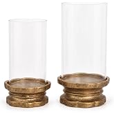 Set of 2 Gold Cast Iron Hurricane Candle Holders Flower Base | Pillar Candle Stands with Glass Sleeves for Fireplace Mantel Dining Table Centerpiece