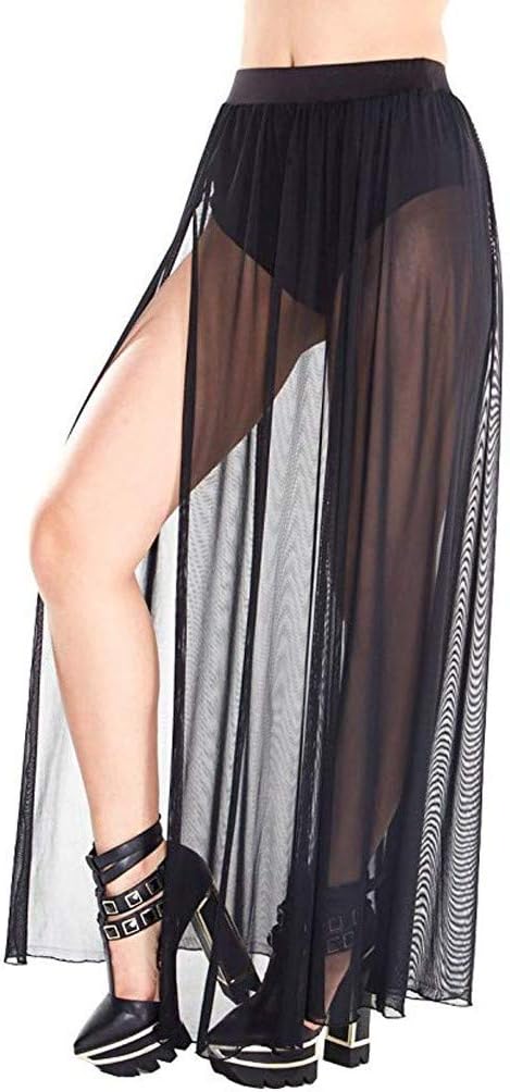 Women Elastic Waist Sheer Mesh Skirt High Slit Maxi Sexy See Through Sundress Beach Cover-up Skirts