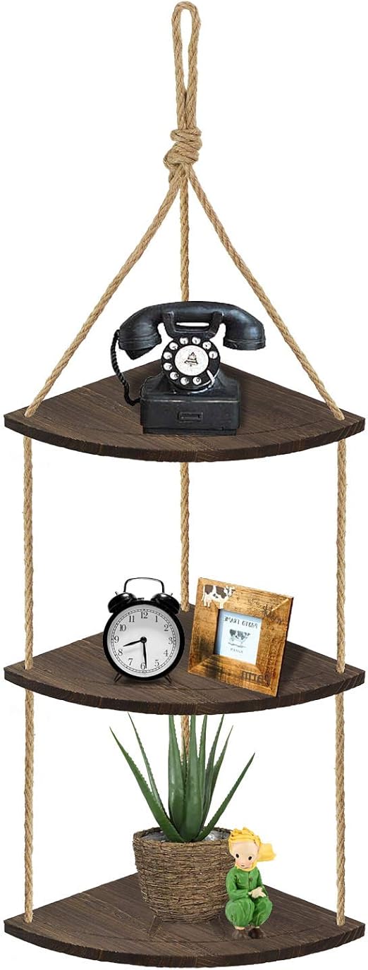 Wood Corner Shelves, Hanging Corner Shelf 3 Tier Jute Rope