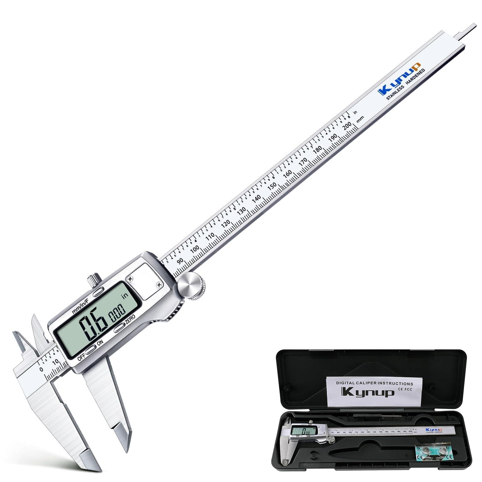 Kynup Digital Caliper 8 inch, Measuring Tool, Caliper Sets, Stainless Steel, Full Turn Off,Switch from Inch Metric Fraction, Micrometer Digital for Household, DIY(200MM) Image Kynup Digital Caliper 8 inch, Measuring Tool, Caliper Sets, Stainless Steel, Full Turn Off,Switch from Inch Metric Fraction, Micrometer Digital for Household, DIY(200MM) Image