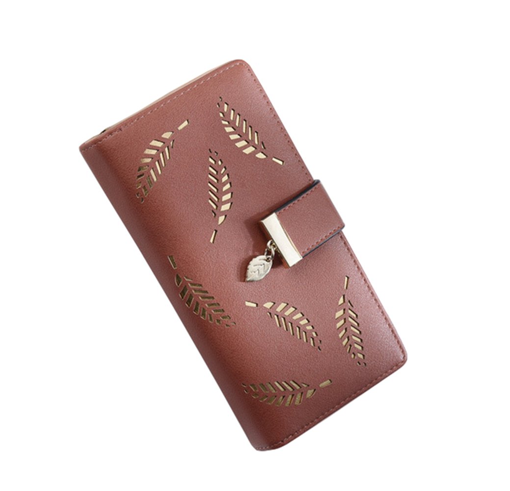 Women's Long Leaf Bifold Wallet Leather Hollow Card Holder Purse Clutch Handbag
