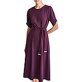 DKNY Womens Short Ruched Sleeve Jewel Neck Midi Dress with Removable Belt