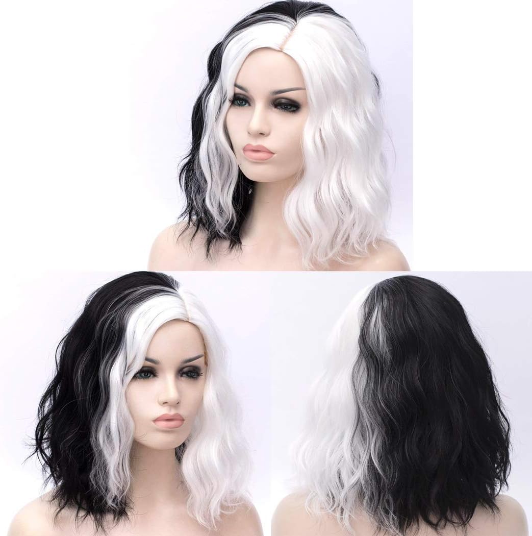 TANTAKO Black and White Cosplay, Half Black and Half White Wig with 1920s Red Gloves and Holder/Pearl Necklace(A) - Image 5