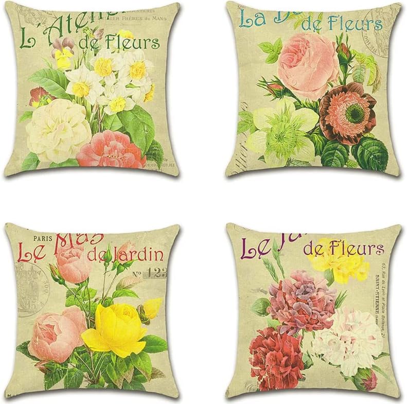 Vintage Yellow red pink multicolored Floral Pattern Cushion Covers 45 x 45 cm Summer Watercolor Modern Decorative Throw Pillow Covers Soft Pillowcases for Sofa Bed Home Garden Patio Decor Set of 4