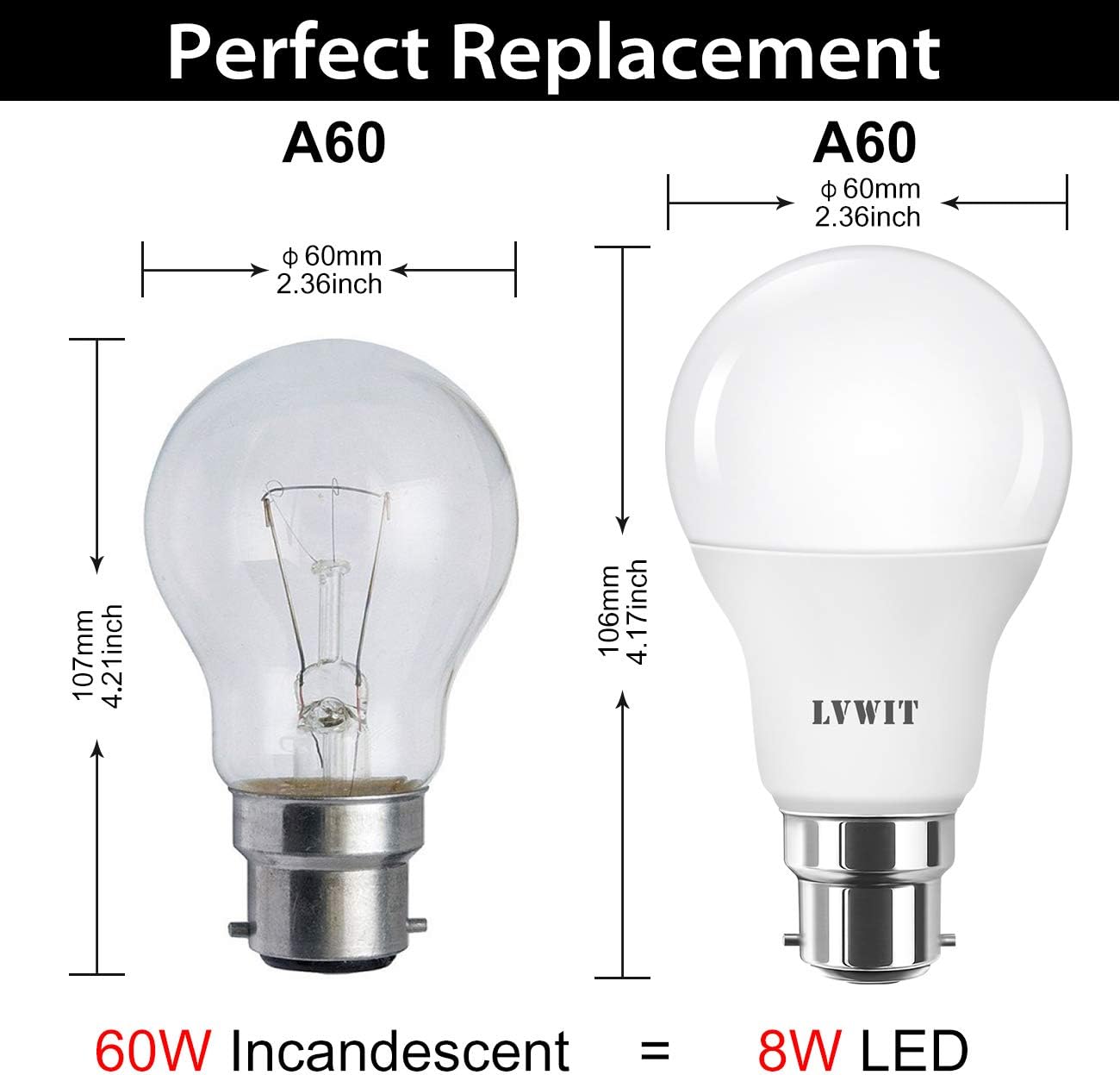 LVWIT Bayonet Light Bulb, A60 Bayonet LED Light Bulb,60W Equivalent,8W 806Lm B22 LED Bulb - Image 3