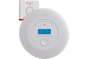 KIMROG 10-Year Battery 2-in-1 Smoke & Carbon Monoxide Detector Alarm | Home/Garage Combo CO & Smoke Alarm Detector with Backlit LCD Display & V-0 Flame-Retardant Housing (1-Pack)