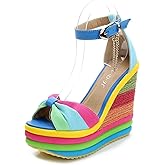 Women Straw Super High Heel Rainbow Sandals,Fish Mouth Wedge Roman Y2K Sandal,Adjustable Ankle Strap Espadrilles Platform Candy Color Party Dress Shoes