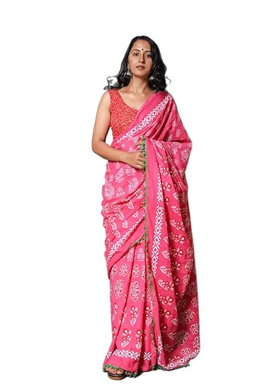 Pink Cotton Hand Block Printed Saree with Blouse