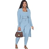 Womens 3 Piece Lounge Set Pajamas Set Long Cardigan Crop Tank Drawstring Pants Loungewear Outfits
