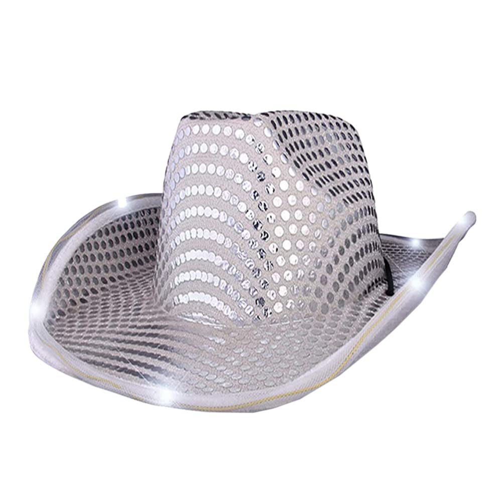 STOBOK Silver Sequin Hat Novelty Led Light Up Cowgirl Hat Party Costume Western Style Cowgirl Performance for Women Men
