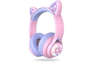 iClever Cat Ear Kids Bluetooth Headphones, LED Lights Up, 74/85dBA Safe Volume Limited, 50H Playtime,Bluetooth 5.2, USB C,Kids Headphones Wireless Over Ear for Travel iPad Tablet, Meow Macaron-Purple