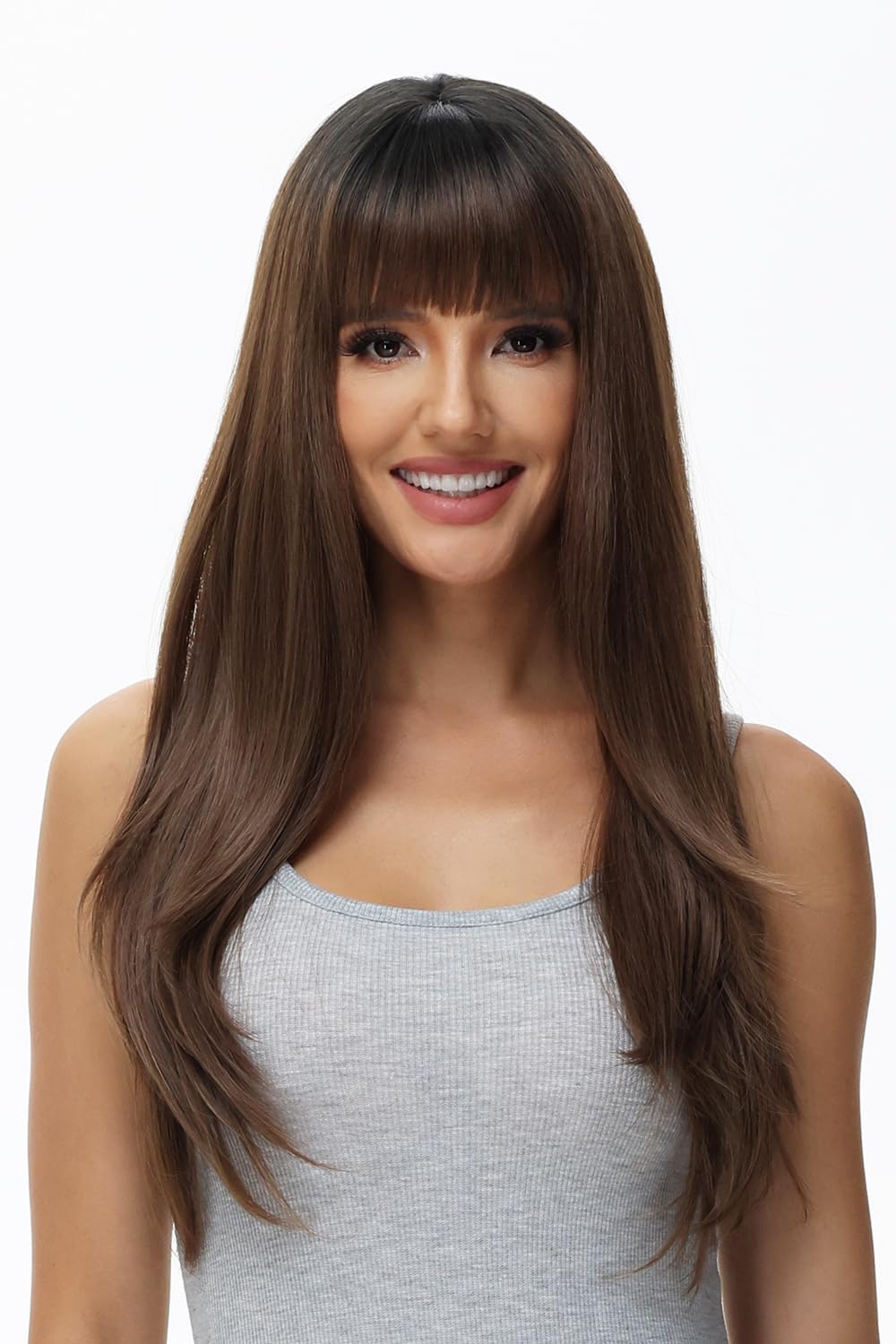 BUYOGET Long Wigs for Women with Fringe Adjustable Straight Synthetic Hair Wig Cosplay Daily Use Wigs 24 inch Ombre Brown