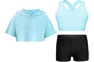 Hansber Kids Girls 3 Piece Sport Tracksuit Keyhole Back Dance Crop Top and Shorts with Hooded Sweatshirt Set for Gymnastics