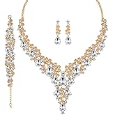 Lianjie Bridal Wedding Artificial Rhinestone Crystal Teardrop Statement Necklace Dangle Earrings Bracelet Jewelry Set for Women