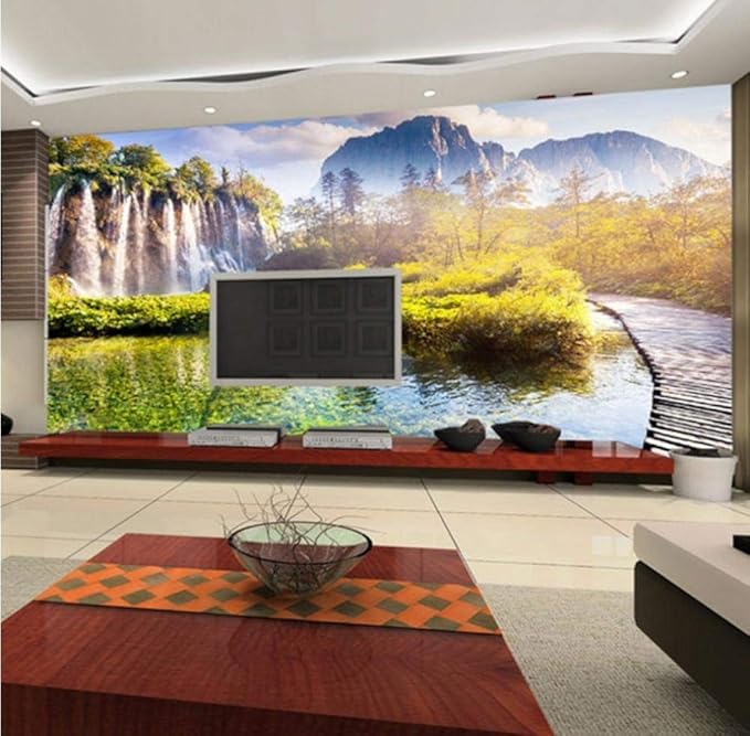 XDRZSE Fresca y hermosa cascada bosque puente de madera fondo pared 3D