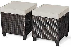 STUBDL CLEEMAN Outdoor Ottoman Set of 2, All Weather Rattan Wicker Patio Ottoman w/Removable Cushions, Outdoor Footstool Footrest for Patio Garden Porch Poolside (Brown)