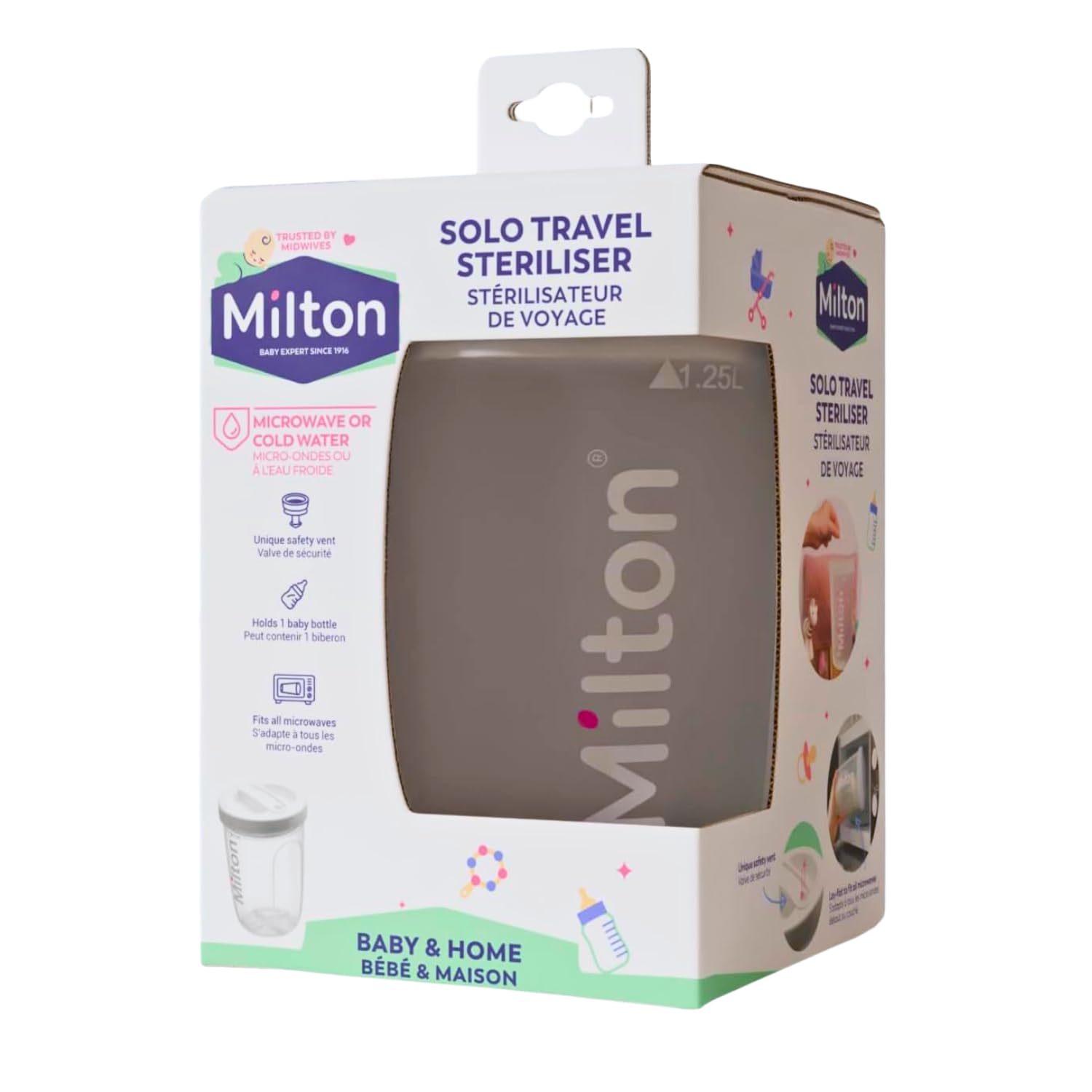 Milton Solo Travel Steriliser, 2 in 1 Microwave and Cold Water 24 hour Sterilisation, Fits in all Microwaves, Ideal for Travel and On the Go, BPA Free