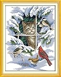 YEESAM ART® New Cross Stitch Kits Advanced Patterns for Beginners Kids Adults - Cat And Birds 11 CT Stamped 39×47 cm - DIY Needlework Wedding Christmas Gifts