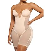 SHAPELLX Strapless Shapewear for Women Deep Plunge Corset Tummy Control Backless Bodysuit Mid Thigh Full Body Shaper