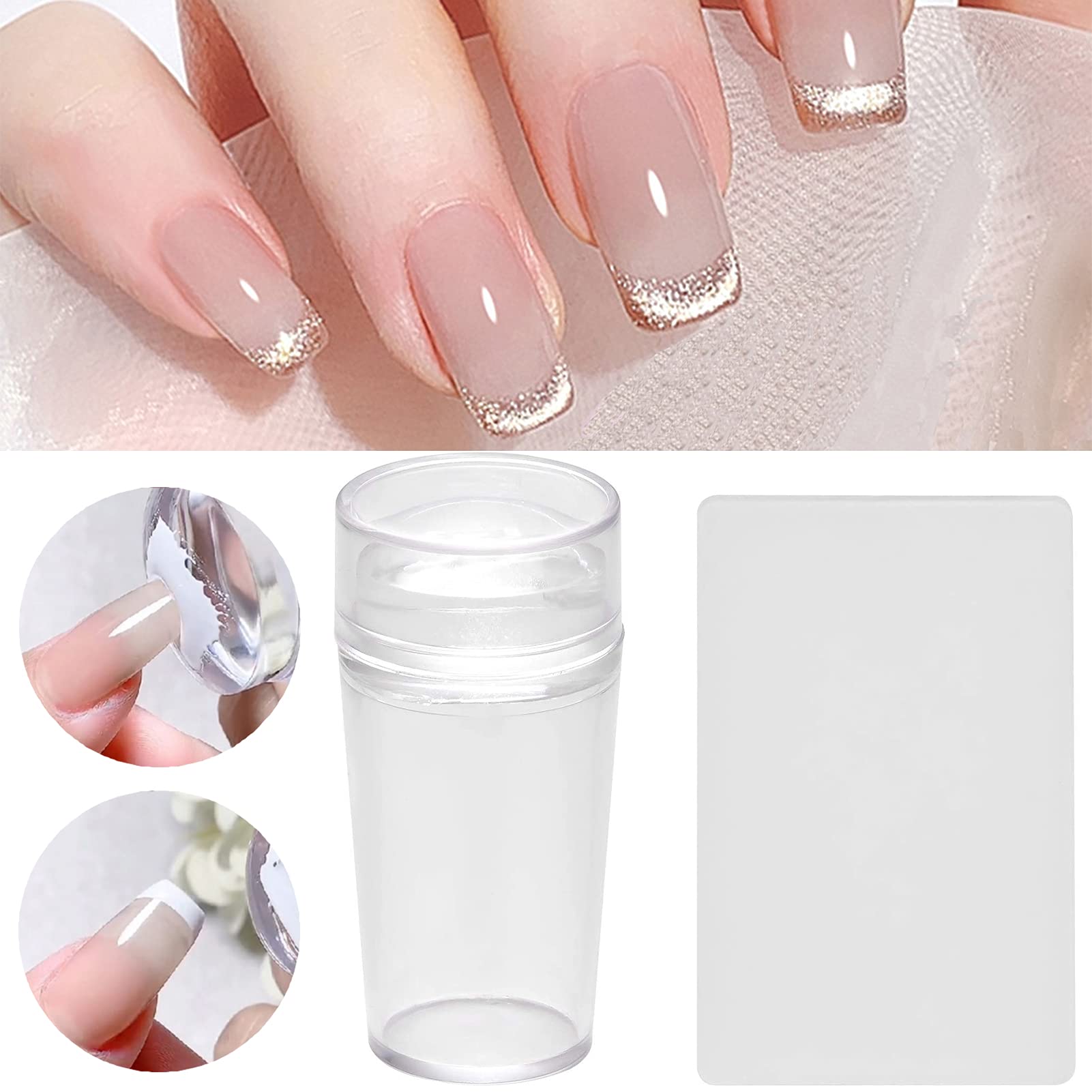 NICENEEDED Silicone Jelly Stampers, French Tip Stamp Nails Manicure Tools, Nail Stamper Kit with Scraper Clear Soft Stamping Transparent Nail Stamp for French Manicure Home DIY Nail Salon